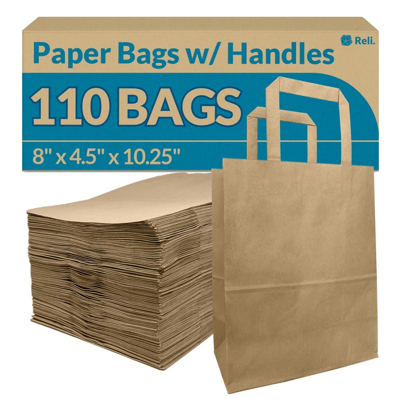 Reli. 8x4.5x10.25 in. Brown Paper Bags with Handles | 110 Pack | Kraft Brown Paper Bags with Flat Handles Bulk | Ideal for Gifts, Retail, Shopping, Merchandise, Crafts - Image 1
